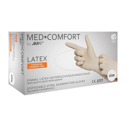 Box of AMPri MED-COMFORT powder-free latex gloves, white (100 pieces) by AMPri Handelsgesellschaft mbH. These non-sterile and ambidextrous gloves are perfect for hygienic work. The white box with blue-gray text shows a hand wearing a glove, and the size is indicated on the side.