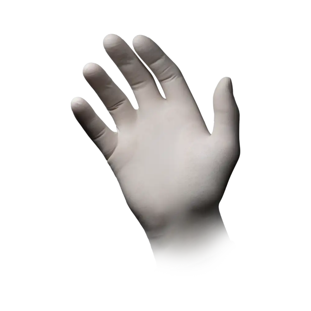 On a white background, a raised left hand wearing AMPri MED-COMFORT powder-free white latex gloves by AMPri Handelsgesellschaft mbH is visible. The fingers are slightly spread and the glove covers the entire hand up to above the wrist – ideal for hygienic work.