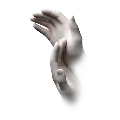 A 3D representation of two hands in a translucent white style reminiscent of AMPri MED-COMFORT powder-free latex gloves, white by AMPri Handelsgesellschaft mbH. The fingers are slightly bent and the hands face each other, with one hand slightly above the other. The image has a smooth, ethereal appearance reminiscent of hygienic work practices.