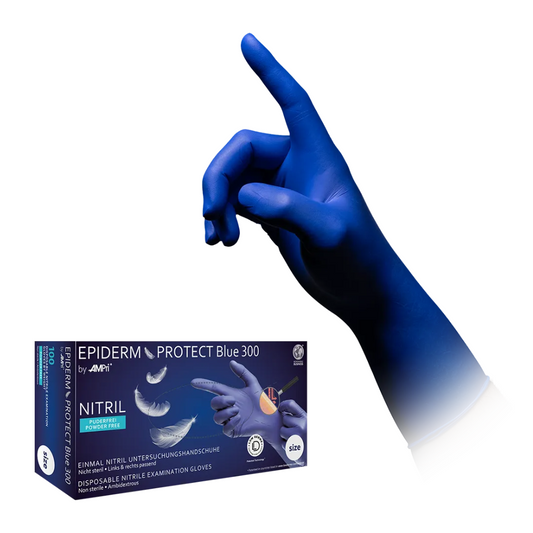 Auffällig ist eine Schachtel „AMPri MED-COMFORT Nitrilhandschuhe Epiderm Protect Blue 300“ mit 100 Nitril-Einweg-Untersuchungshandschuhen zu sehen. Im Hintergrund zeigt eine Hand nach oben, die einen der blauen Untersuchungshandschuhe der AMPri Handelsgesellschaft mbH trägt. Der Text auf der Schachtel ist sowohl in Deutsch als auch in Englisch.