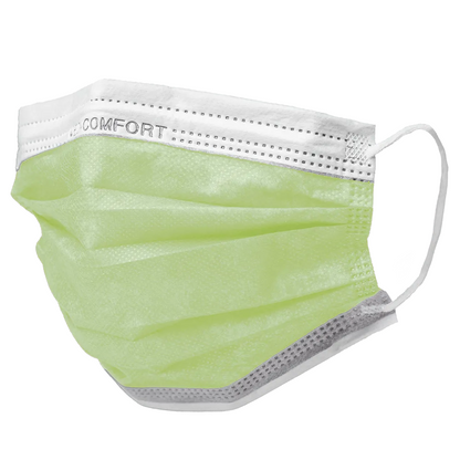 The AMPri MED-COMFORT surgical mask Type IIR in light green with ear loops and white edging is a pleated disposable product for covering the nose and mouth. It bears the print 'COMFORT' at the top edge and is delivered by AMPri Handelsgesellschaft mbH in a box of 50 pieces.