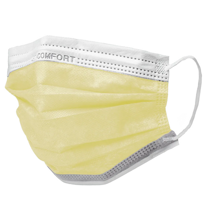 A single AMPri MED-COMFORT surgical mask Type IIR in yellow with ear loops and a white upper edge with the printed word "COMFORT". This disposable face mask, sold by AMPri Handelsgesellschaft mbH, is pleated, lightly textured, and designed as a disposable product for practical use.