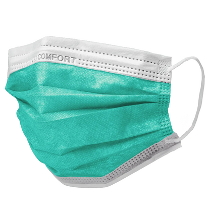 The AMPri MED-COMFORT surgical mask Type IIR in teal from AMPri Handelsgesellschaft mbH features white elastic ear loops and a textured upper edge. The word 'COMFORT' is printed at the top left. This mouth-nose protection has several folds for expansion and coverage. Available in a box of 50 pieces.