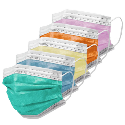 Depicted is a row of five AMPri MED-COMFORT surgical masks Type IIR by AMPri Handelsgesellschaft mbH in different colors. The colors are green, blue, yellow, orange, and pink. Each mouth-nose protection has ear loops and the word 'MED-COMFORT' is printed at the top edge.
