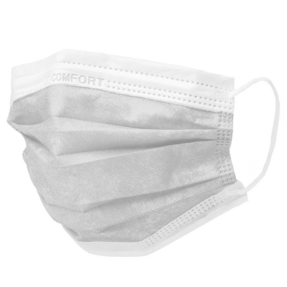 A gray AMPri MED-COMFORT surgical mask Type IIR for single use with ear loops, in a pleated design. The top edge of this mouth-nose protection by AMPri Handelsgesellschaft mbH is printed with the word 'COMFORT'. The material appears to be made of non-woven fabric. Available in a box of 50 pieces and in various colors.