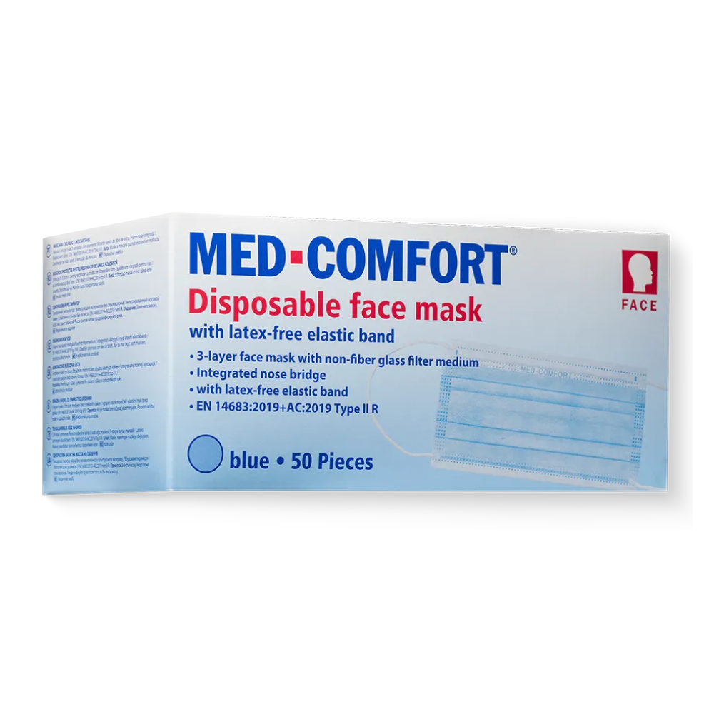 Picture of a box of AMPri MED-COMFORT surgical mask Type IIR, various colors. The box is predominantly white with blue text and details. It contains 50 pieces and features a 3-layer mask with latex-free elastic band, integrated nose bridge, and Type-IIR certification by AMPri Handelsgesellschaft mbH.