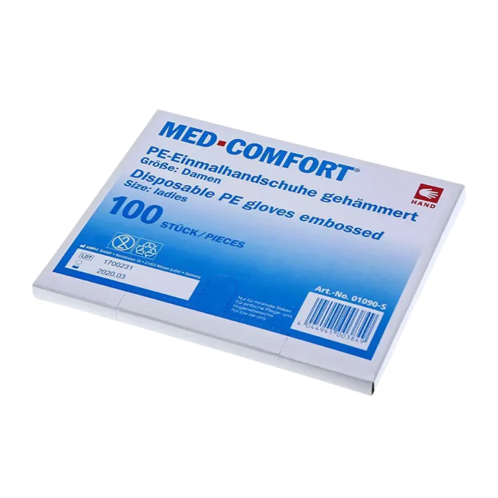 A box of AMPri MED-COMFORT PE gloves hammered, transparent for women. The white box with blue text shows "100 pieces / Pieces" and is marked with the product number 01990-S on the front. This product is ideal for single use in the food industry and is offered by AMPri Handelsgesellschaft mbH.