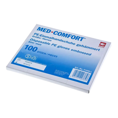 A box of AMPri MED-COMFORT PE gloves hammered, transparent. The package indicates 100 pieces for men in German and English. The box, designed for the food industry, is predominantly white and blue and carries product information as well as a barcode.