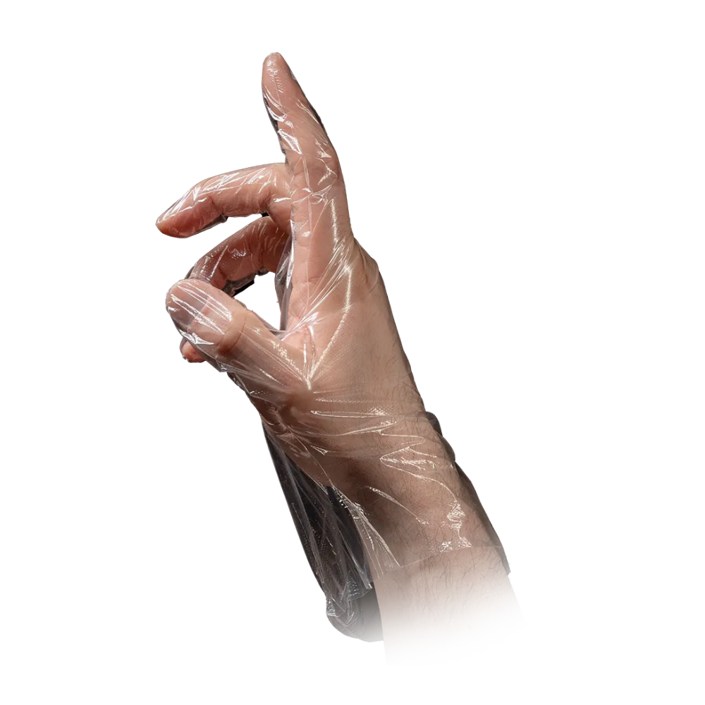 Eine Hand mit einem AMPri MED-COMFORT PE-Handschuh gehämmert, transparent der AMPri Handelsgesellschaft mbH ist vor einem weißen Hintergrund abgebildet. Daumen und Zeigefinger bilden eine „OK“-Geste, wobei die anderen Finger leicht angewinkelt sind, was diese Geste perfekt für den Einsatz in der Lebensmittelindustrie macht.
