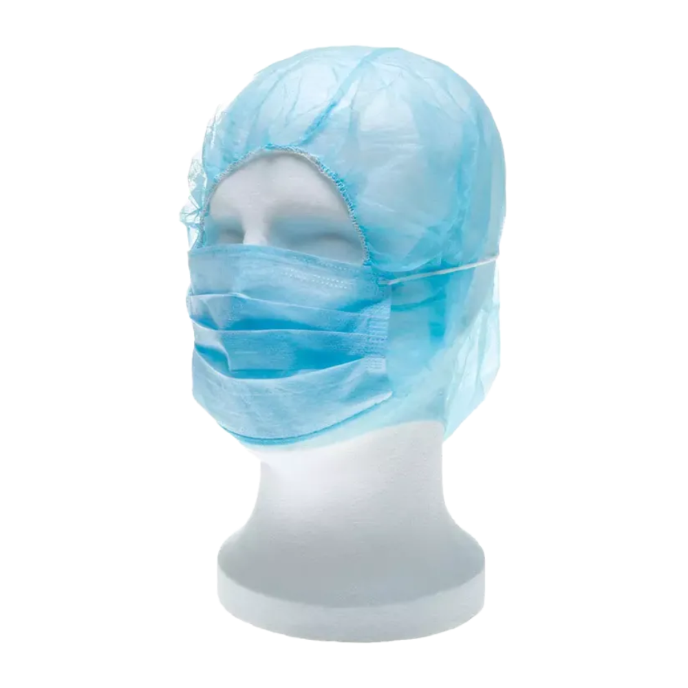 An AMPri MED-COMFORT PP mannequin head, available in various colors from AMPri Handelsgesellschaft mbH, showcases a blue disposable face mask paired with a matching polypropylene hair cover in the style of an astronaut hood. These accessories are arranged to illustrate their hygienic or medical functionality as effective disposable products.