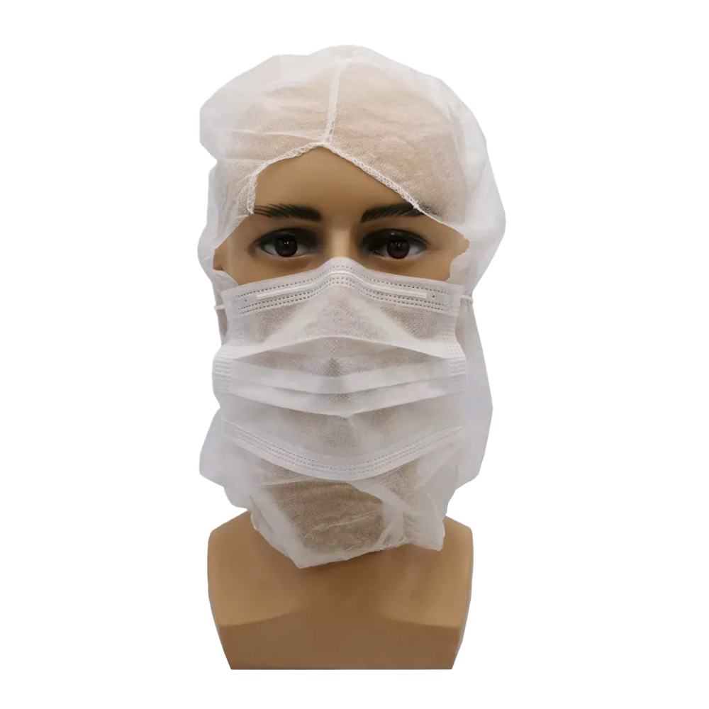 A mannequin head is equipped with a white disposable face mask and an AMPri MED-COMFORT PP astronaut hood that extends over the forehead and neck, completely enclosing the head. This depiction shows how these disposable protective covers, available from AMPri Handelsgesellschaft mbH, would look when worn.
