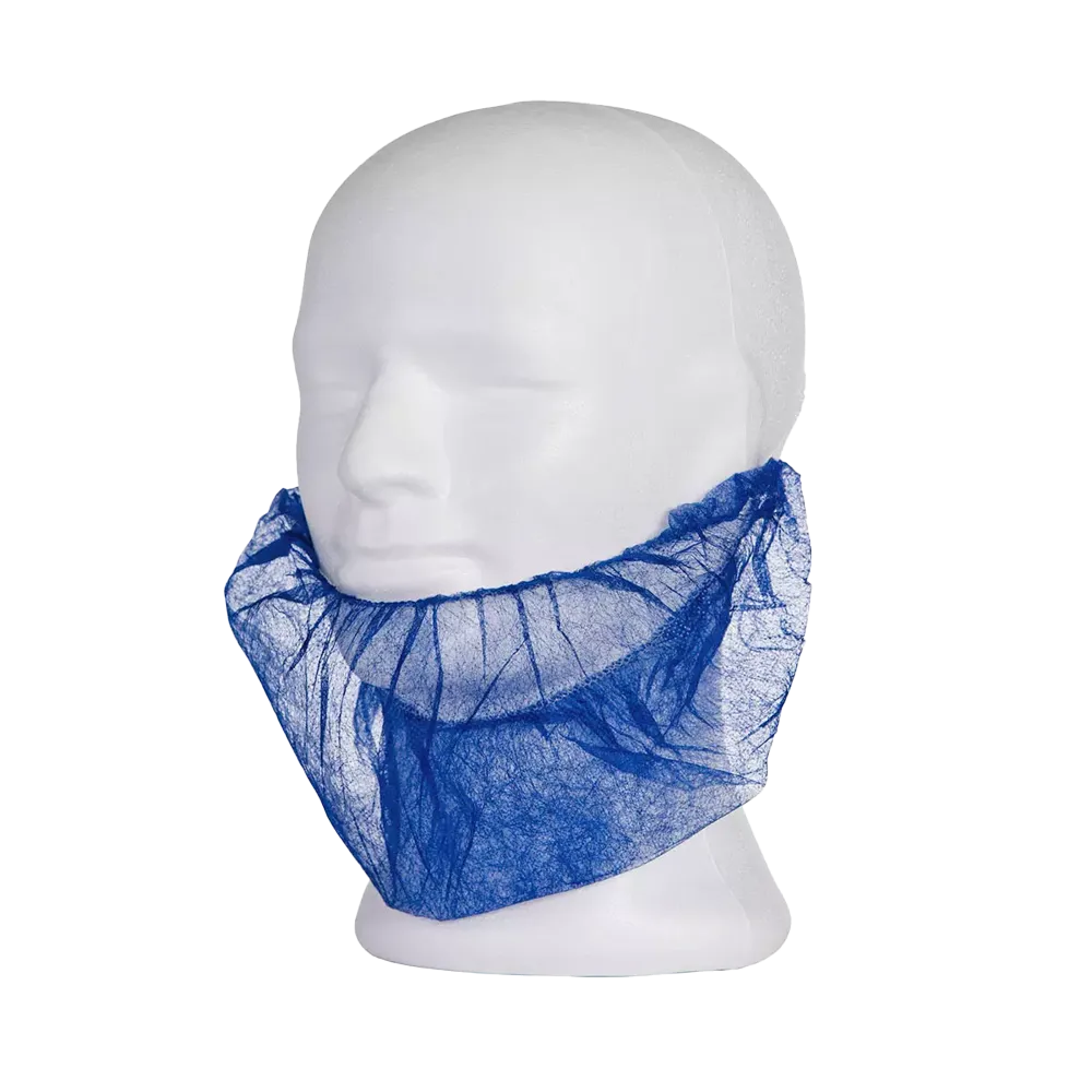 A white mannequin head with an AMPri MED-COMFORT PP beard mask in blue, made from a thin, mesh-like polypropylene spunbond material by AMPri Handelsgesellschaft mbH, fastened around the chin and jaw area.