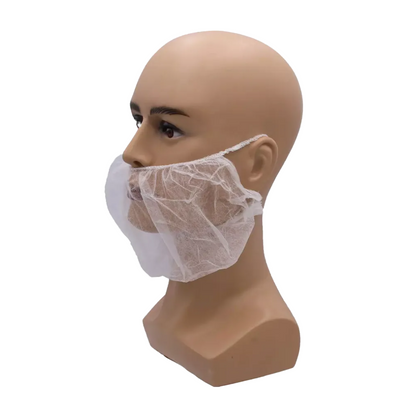 A mannequin head presents the AMPri MED-COMFORT PP beard masks in white, made from polypropylene spunbond. The beard mask is designed to fit comfortably around the ears and effectively cover the lower half of the face, particularly the chin and jaw area. The plain white background effectively highlights the product of AMPri Handelsgesellschaft mbH.