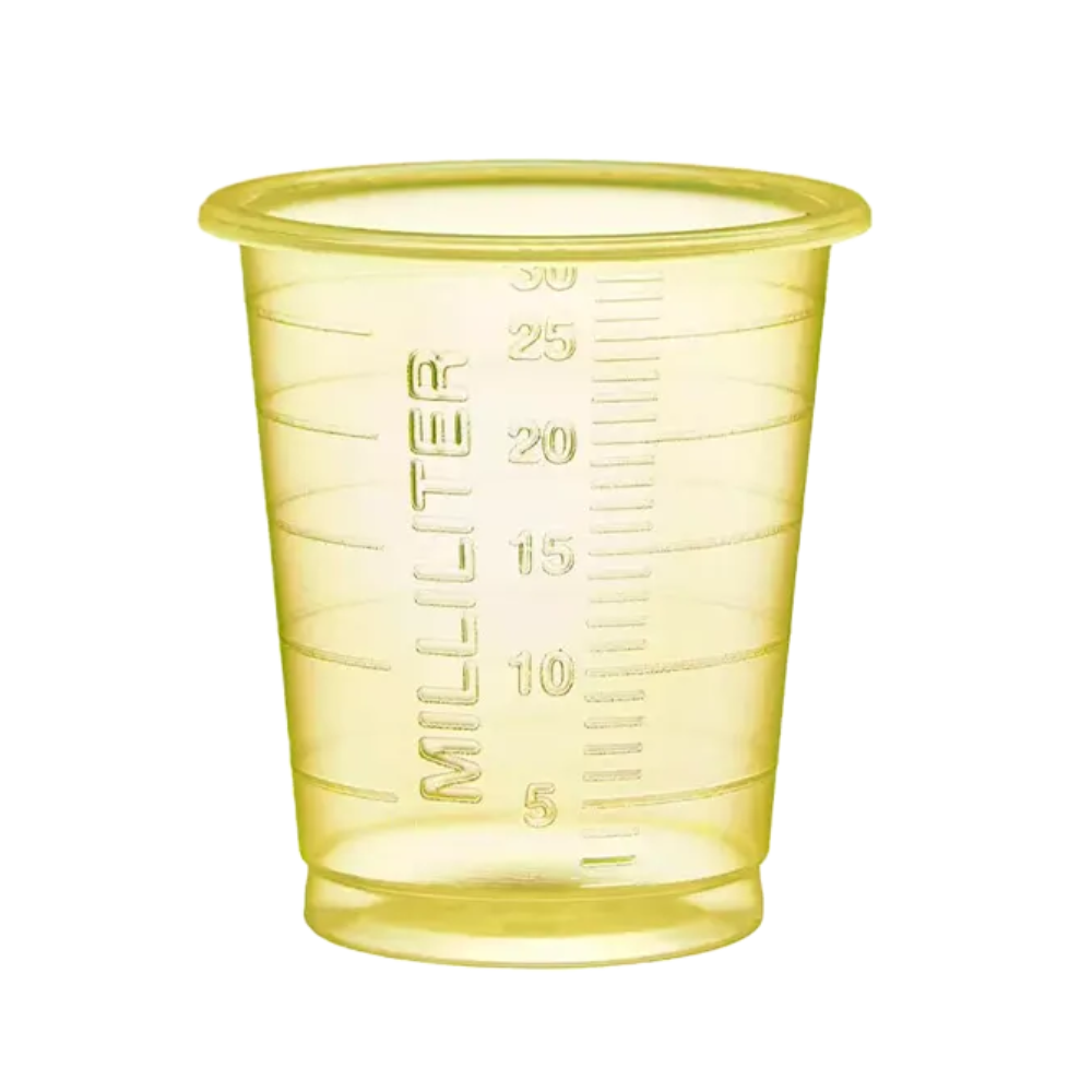 The AMPri MED-COMFORT PP Eco disposable medical cup made of robust polypropylene from AMPri Handelsgesellschaft mbH is a transparent yellow measuring cup made of plastic with milliliter indications from 5 to 30 and the vertical print "MILLILITER" on the side. On a plain white background, this cup ensures precise dosing at all times.