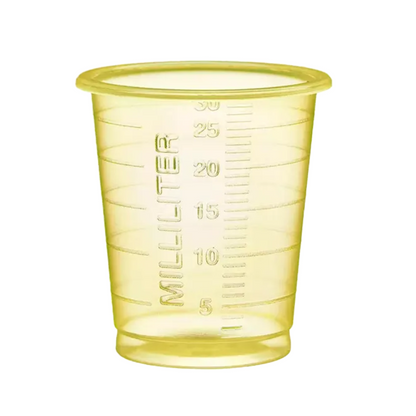 The AMPri MED-COMFORT PP Eco disposable medical cup made of robust polypropylene from AMPri Handelsgesellschaft mbH is a transparent yellow measuring cup made of plastic with milliliter indications from 5 to 30 and the vertical print "MILLILITER" on the side. On a plain white background, this cup ensures precise dosing at all times.