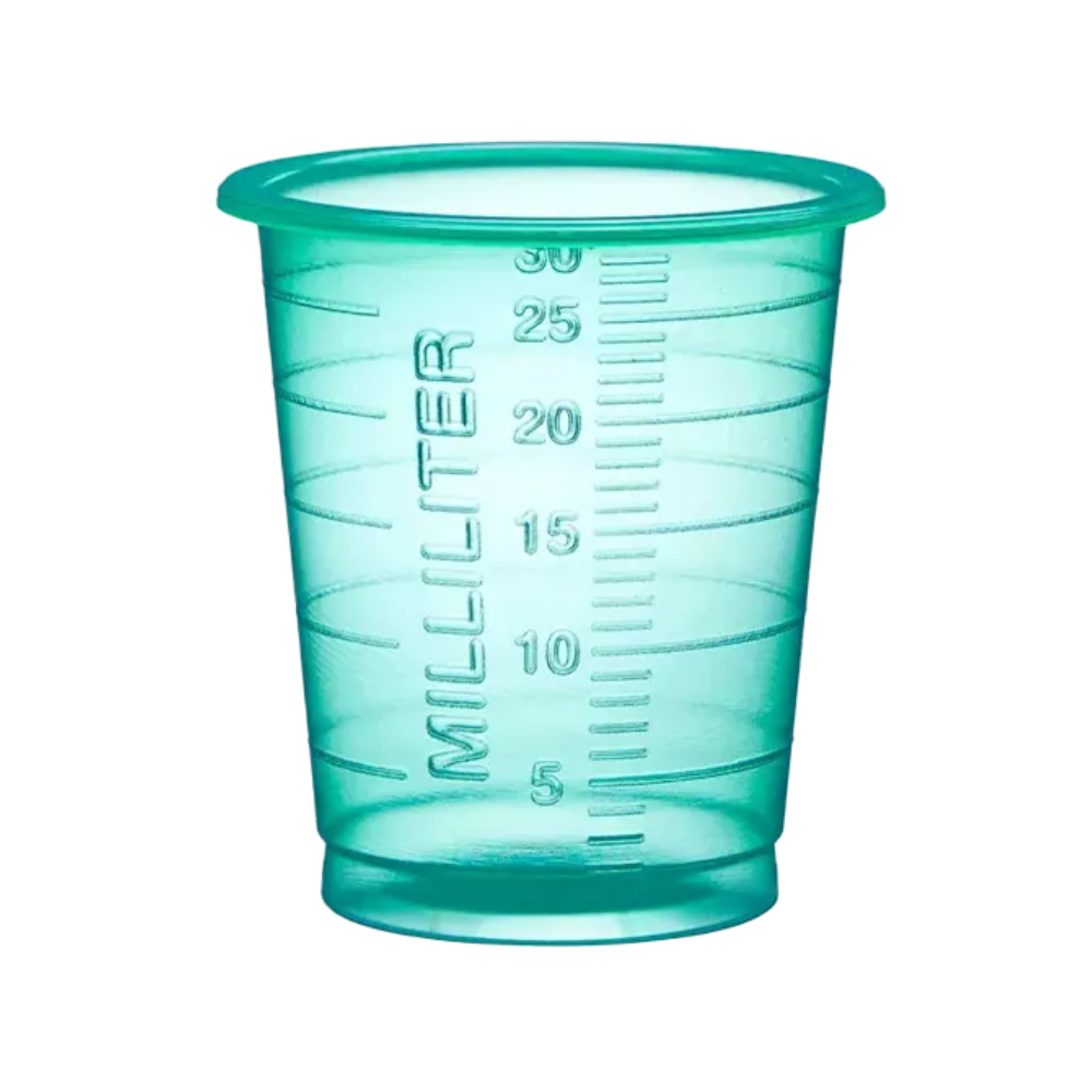The medical disposable cup AMPri MED-COMFORT PP Eco, available in various colors and manufactured by AMPri Handelsgesellschaft mbH, is a transparent green plastic cup made of durable polypropylene. It features precise milliliter markings from 5 to 30 for accurate dosing and has a slight rim at the top and a flat bottom.