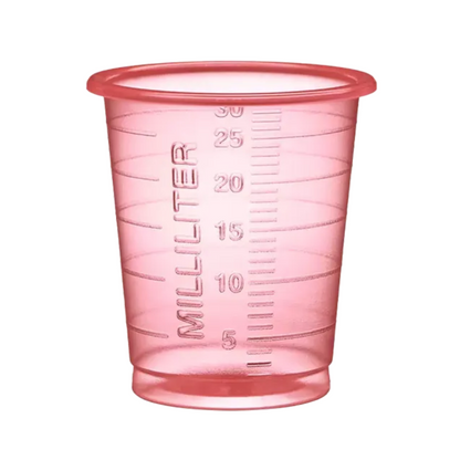 The AMPri MED-COMFORT PP Eco disposable medical cup 30 ml from AMPri Handelsgesellschaft mbH is a transparent pink cup made of durable polypropylene. It features precise milliliter markings from 5 to 30 for accurate dosing.