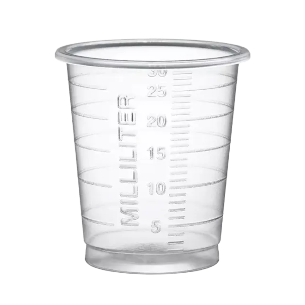 A transparent measuring cup made of polypropylene, designed for precise dosing with measurements from 5 to 30 milliliters, under the product name "AMPri MED-COMFORT PP Eco disposable medical cup 30 ml graduated, various colors," from AMPri Handelsgesellschaft mbH.