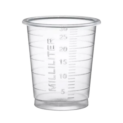 A transparent measuring cup made of polypropylene, designed for precise dosing with measurements from 5 to 30 milliliters, under the product name "AMPri MED-COMFORT PP Eco disposable medical cup 30 ml graduated, various colors," from AMPri Handelsgesellschaft mbH.