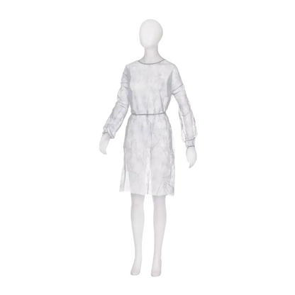 A white mannequin wears a transparent, long-sleeved, knee-length light gray dress reminiscent of the minimalist design of the MED-COMFORT PP disposable visitor gown with elastic band in the sleeve by AMPri Handelsgesellschaft mbH. The outfit exudes simplicity and elegance against a plain white background.