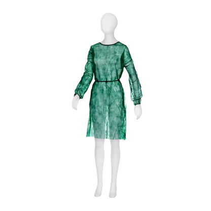 A mannequin presents a green, long-sleeved, transparent dress with a marble-like pattern similar to the chic design of the AMPri MED-COMFORT PP disposable visitor gown. This knee-length dress has a simple round neckline and a fitted waist. The mannequin is minimalist and has no striking features.