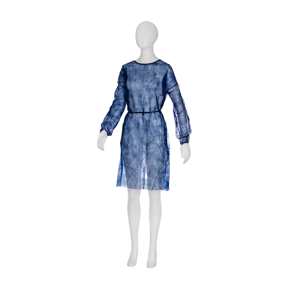 A white mannequin wears a transparent, long-sleeved blue dress similar to the AMPri MED-COMFORT PP disposable visitor gown with elastic band in the sleeve by AMPri Handelsgesellschaft mbH and features a subtle texture. The dress is cinched at the waist with a thin black belt and the mannequin stands against a plain white background.