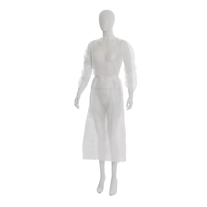 A white mannequin is dressed in a long-sleeved, translucent AMPri MED-COMFORT PP disposable visitor gown by AMPri Handelsgesellschaft mbH. The polypropylene lab coat extends past the knees and is equipped with knitted cuffs for added comfort. The figure stands against a plain white background, exuding effortless elegance.