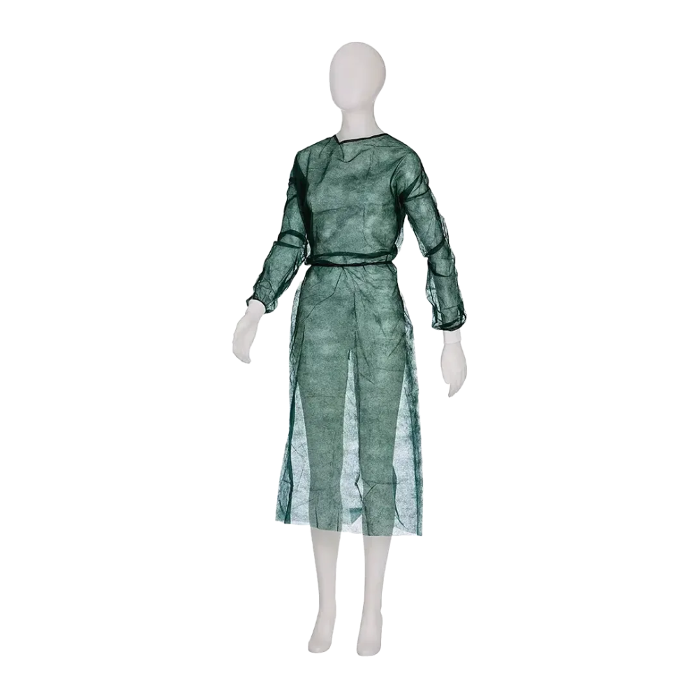 A white mannequin wears a long, sheer dress named AMPri MED-COMFORT PP disposable visitor gown with tie and knitted cuffs. This dark green garment made of lightweight polypropylene has long sleeves and a loose fit that extends past the knees. The mannequin stands against a plain white background.