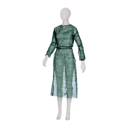 A white mannequin wears a long, sheer dress named AMPri MED-COMFORT PP disposable visitor gown with tie and knitted cuffs. This dark green garment made of lightweight polypropylene has long sleeves and a loose fit that extends past the knees. The mannequin stands against a plain white background.