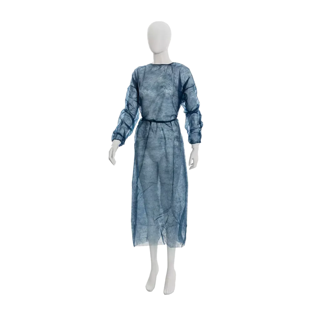 A mannequin showcases an exquisite, translucent blue dress reminiscent of the elegance of a MED-COMFORT creation by AMPri Handelsgesellschaft mbH, complete with long sleeves and a round neckline. Similar to the lightness of polypropylene, the dress is cinched at the waist with ruched fabric, creating a beautiful contrast against a plain white background.