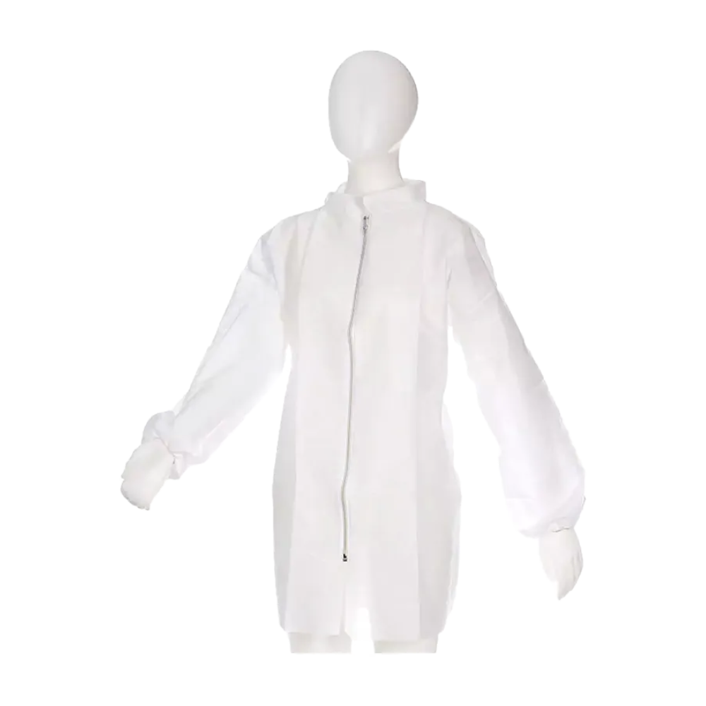 A mannequin presents an AMPri MED-COMFORT PP fleece visitor jacket with a zipper from AMPri Handelsgesellschaft mbH. This white, long-sleeved lab coat is designed for comprehensive hygiene protection and resembles a disposable visitor jacket. It features elastic cuffs at the wrists and is made from durable polypropylene, all set against a plain white background.