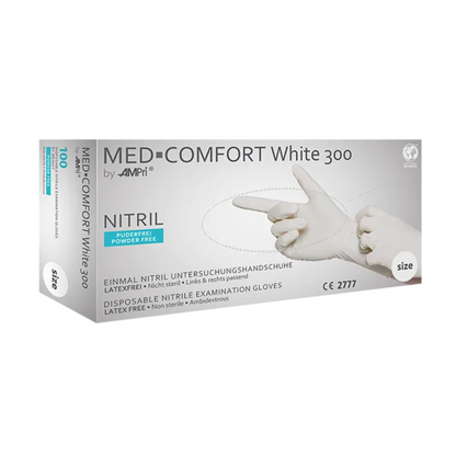 A box of AMPri MED-COMFORT WHITE 300 powder-free, sterile, and latex-free nitrile gloves with extra length from AMPri Handelsgesellschaft mbH. The predominantly white box with some blue texts and images contains nitrile examination gloves in unspecified size.