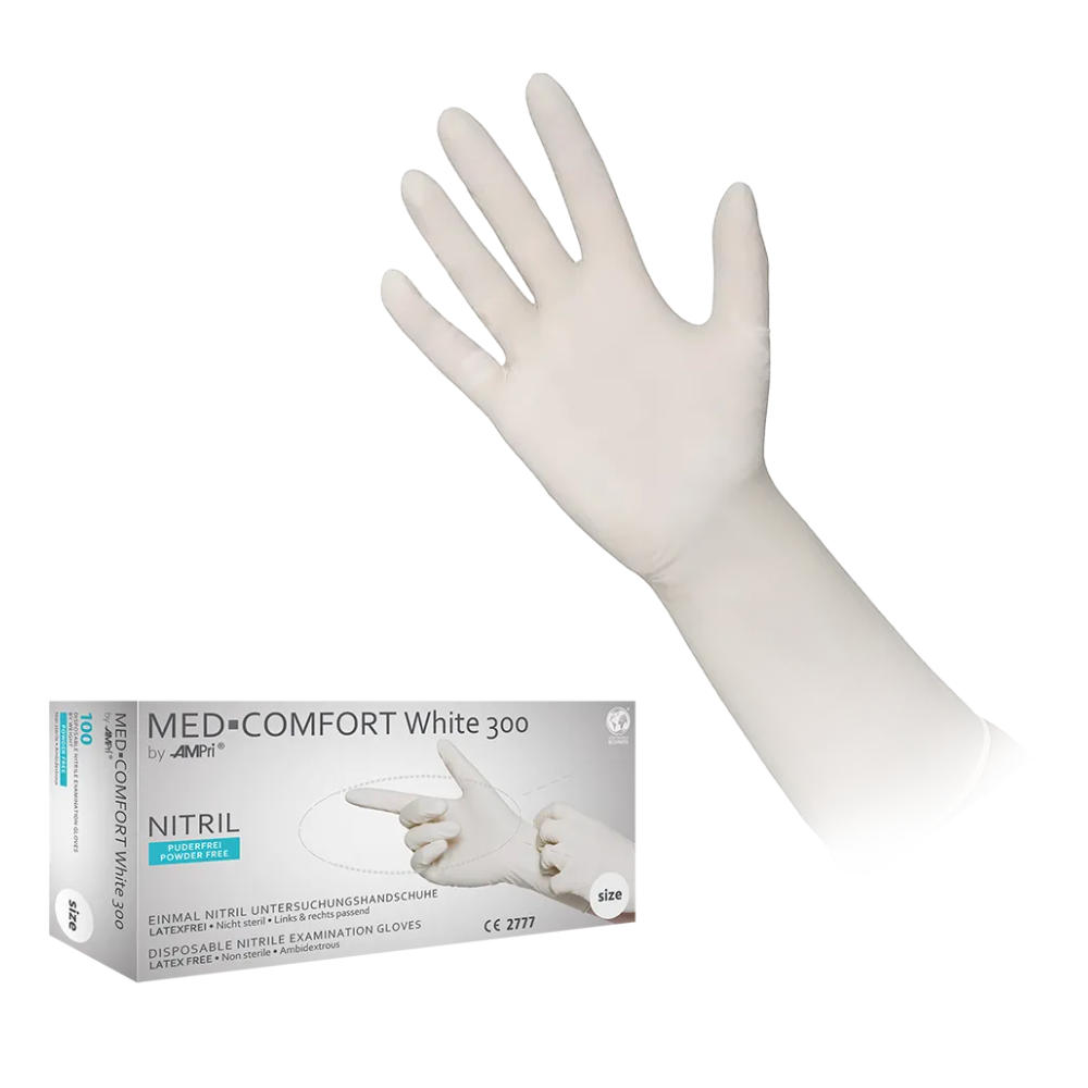 Pictured is a white disposable examination glove made of nitrile. Under the glove is a box with the inscription "AMPri MED-COMFORT WHITE 300 nitrile gloves with extra length powder-free, white", which contains long, powder-free white examination gloves made of nitrile. Various product details and a size indication can be seen on the box, indicating that the gloves are powder-free.
