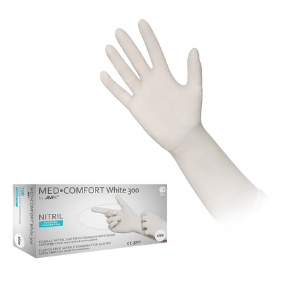 Pictured is a white disposable examination glove made of nitrile. Under the glove is a box with the inscription "AMPri MED-COMFORT WHITE 300 nitrile gloves with extra length powder-free, white", which contains long, powder-free white examination gloves made of nitrile. Various product details and a size indication can be seen on the box, indicating that the gloves are powder-free.