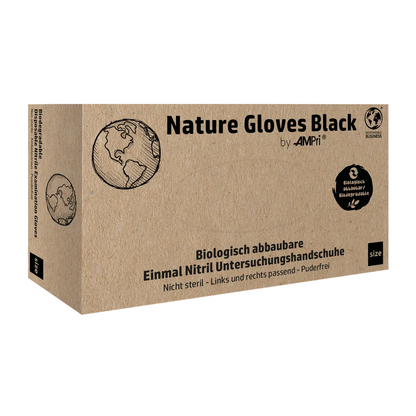 A box labeled „AMPri Nature Gloves BLACK Nitrile Gloves Biodegradable“ from AMPri Handelsgesellschaft mbH is displayed. It contains images of a globe and a logo for biodegradability. The German text on the box describes these black biodegradable nitrile gloves and highlights their high resistance to chemicals and biological protection.