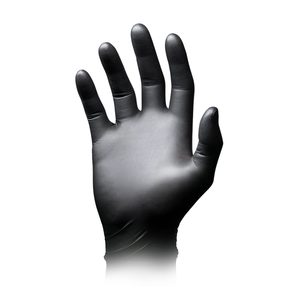 A black AMPri Nature Glove from AMPri Handelsgesellschaft mbH is depicted against a white background in an open hand position with the palm facing forward. The glove is characterized by high resistance and features a smooth surface that, when fully inflated, outlines the contours of a hand.