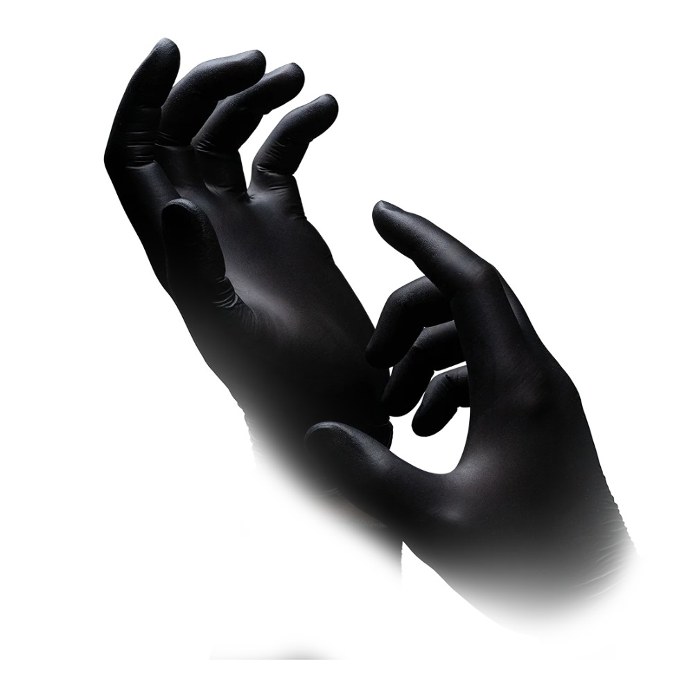 Two hands wearing AMPri Nature Gloves BLACK nitrile gloves from AMPri Handelsgesellschaft mbH, known for high resistance as well as chemical and biological protection, are positioned against a white background. The fingers of the hands are slightly bent, creating a dramatic pose.