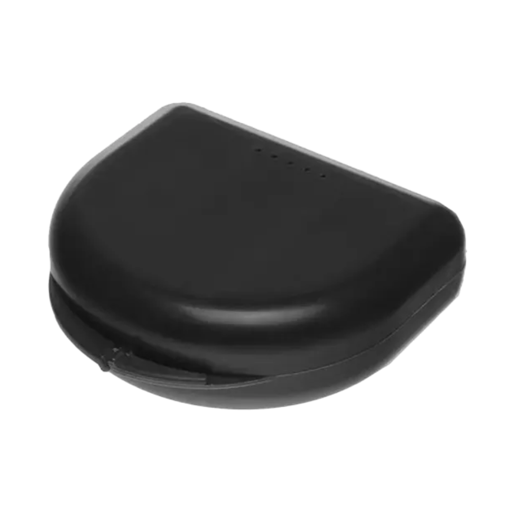A compact, black, semi-circular case inspired by the AMPri PP Dental mouthguard box for adults, designed for storing a pair of wireless earbuds. The flip-open case is closed and features four small indicator dots on its top.