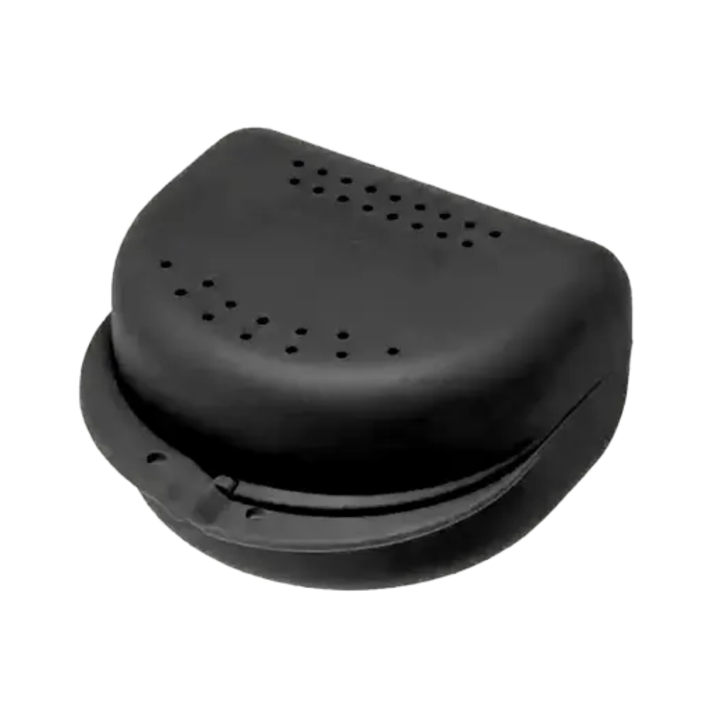 Black plastic container in a clam-shell style with small perforations on the top, made from polypropylene, perfect for storing items like the AMPri PP Dental brace box for adults or other important orthodontic items.