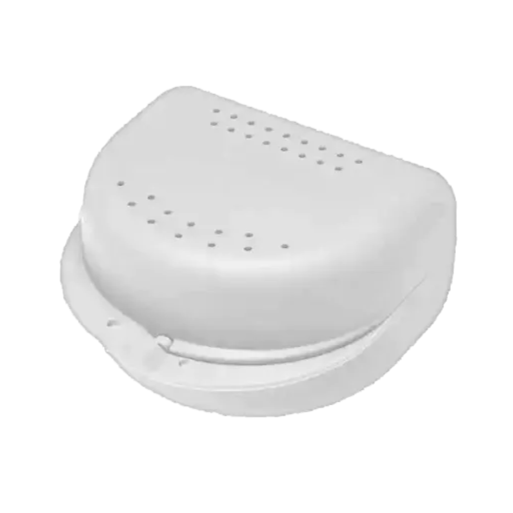 The AMPri PP Dental orthodontic box for adults with dimensions 80x80x45 cm is a white, rounded container made from polypropylene with a perforated design and a hinged lid. It is an ideal product from AMPri Handelsgesellschaft mbH for storing or protecting small items like retainers or braces during orthodontic treatments. Each pack contains 10 boxes and is available in various colors.