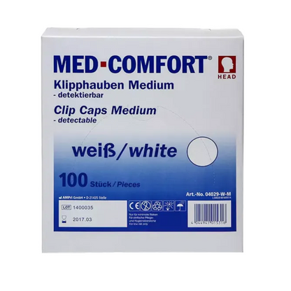 A box of AMPri PP detectable clip caps in medium size, color white, is made of polypropylene for increased durability. The packaging confirms that these are detectable clip caps and contains 100 pieces. The model number 04209-W-M is clearly indicated alongside product logos and details to ensure compliance with hygiene regulations.