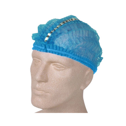 A mannequin head is adorned with an AMPri PP clip cap, a detectable bouffant cap in blue with an elastic band. The textured cap made of polypropylene is gathered at the top and sits securely on the head, ensuring compliance with hygiene regulations in any environment.
