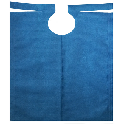 A blue AMPri patient gown with PE coating, measuring 500 x 600 mm, is laid out flat. This garment from AMPri Handelsgesellschaft mbH has a round neckline, is sleeveless, and has an open hem. It is made of lightweight, non-woven material and is perfect for dental treatments.