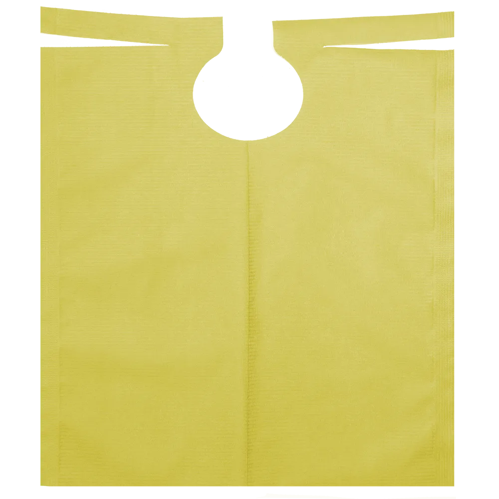 The AMPri patient gown with PE coating from AMPri Handelsgesellschaft mbH is a rectangular yellow plastic apron with a round neck opening and ties at the top, suitable for protection in various environments, including dental treatments.