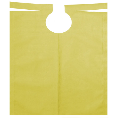 The AMPri patient gown with PE coating from AMPri Handelsgesellschaft mbH is a rectangular yellow plastic apron with a round neck opening and ties at the top, suitable for protection in various environments, including dental treatments.