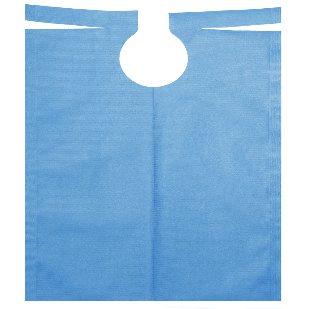 A blue, disposable dental bib with a round neckline and long tabs for fastening. The textured material is coated with PE, making it ideal for protecting clothing during dental treatments. The product is the AMPri patient gown with PE coating 500 x 600 mm from AMPri Handelsgesellschaft mbH, available in various colors on a roll of 80 pieces.