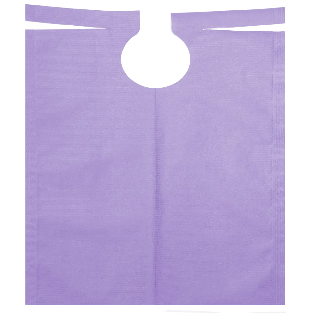 The AMPri patient gown with PE coating by AMPri Handelsgesellschaft mbH is a purple disposable dental bib with a neckline and two horizontal extensions at the top. Its textured surface is ideal for dental treatments or medical facilities. Available in various colors, each roll contains 80 pieces with dimensions of 500 x 600 mm.
