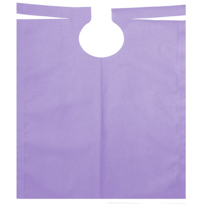 The AMPri patient gown with PE coating by AMPri Handelsgesellschaft mbH is a purple disposable dental bib with a neckline and two horizontal extensions at the top. Its textured surface is ideal for dental treatments or medical facilities. Available in various colors, each roll contains 80 pieces with dimensions of 500 x 600 mm.