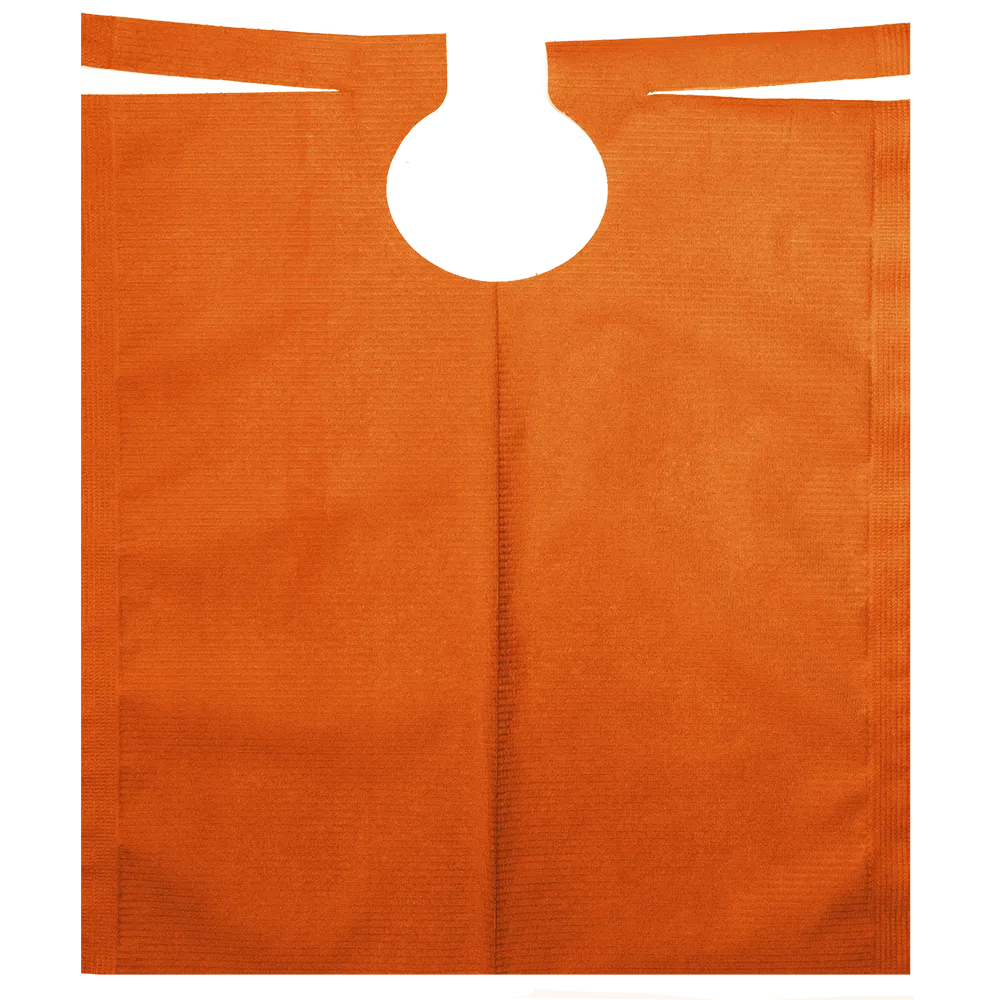 An orange AMPri patient gown with PE coating, designed with a round cut-out handle at the top and straight edges along the opening, exudes durability and lightweight properties against a plain white background.