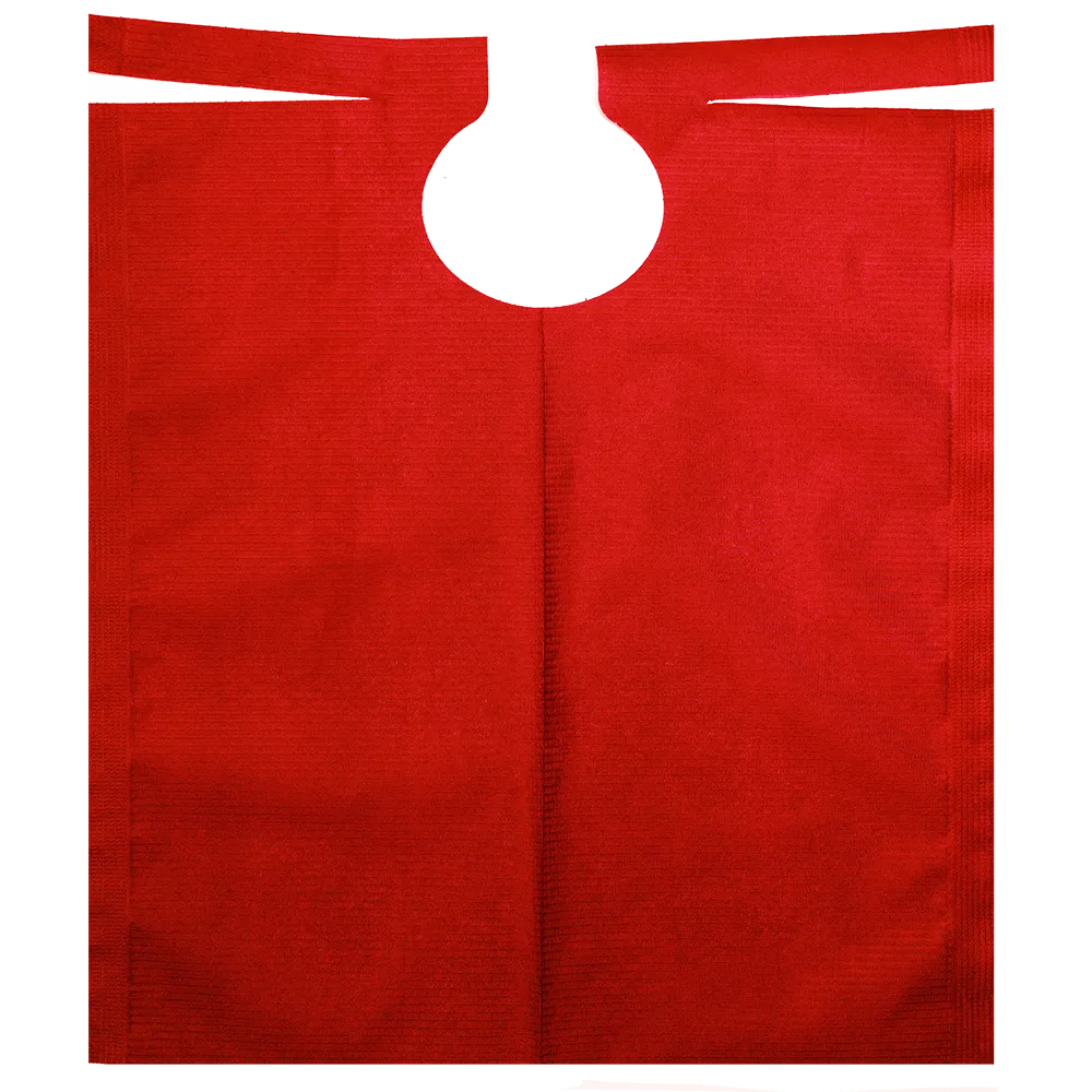 The AMPri patient gown with PE coating from AMPri Handelsgesellschaft mbH in red features a round handle cutout at the top center. The gift bag looks flat and unused and has a simple rectangular shape that resembles a patient gown.